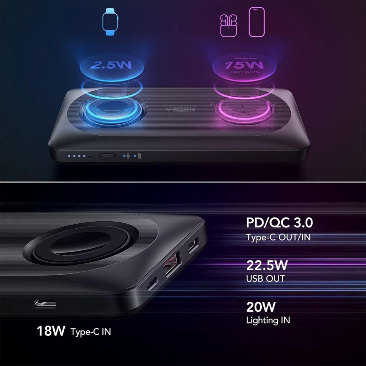 Veger Dual Wireless PD Fast Power bank 10000mah VP-1156 - Black