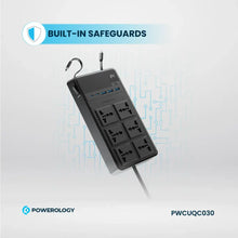 [PWCUQC030] Powerology 2500W 6AC Power Strip with Built-In Retractable Cables - Black