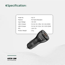 Green Lion Dual Port Car Charger 50W (with C to C / C to L Cable) - Black