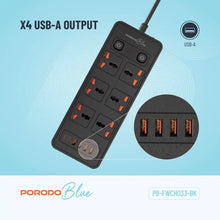 Porodo Blue 6 AC - Dual Switch Power Strip - Black