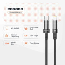 Porodo Transparent Shell USB-C To Lightning Cable - Black
