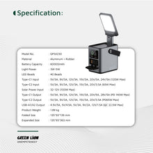 Green Lion Energy Max 60000mAh Power Station with 230W Total Output, Brightness of 700 Lumens, PD 140W, Digital Display, 100W Solar Input, QC 22.5W - Gray