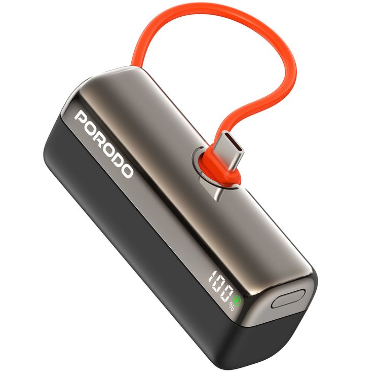 Porodo Pocket Volt 5000mAh Power Bank with Built-in Type-C Connector, 22.5W Power Delivery, Fast Charging Support, Compact Design, 15W Total Output - Black