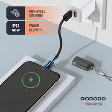 Porodo Chargeloop Keychain USB-C to USB-C Data Cable with 60W PD Output, 480Mbps Data Transfer Rate, 20cm Cable Length, Durable Zinc Alloy & Nylon Braided Material, High-Speed Charging, Compact Design - Black