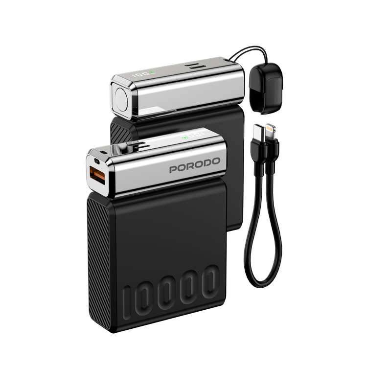 Porodo Chromevolt 10000mAh Power Bank with LED Digital Display, 35W PD Type-C & Lightning Outputs, 22.5W QC USB-A Output, Fast Charging Technology - Black