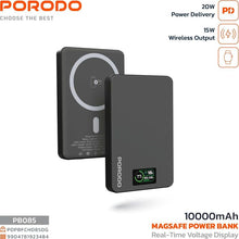 Porodo 10000mAh Power Bank with Real-Time TFT Smart Display, Type-C Input & Output, 20W PD Fast Charging, 15W Wireless Charging, Compatible with MagSafe, Smart Temperature Control - Dark Gray