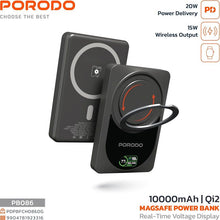 Porodo Qi2 Wireless 10000mAh Power Bank with Real-Time TFT Smart Display, Type-C Input & Output, 20W PD Fast Charging, 15W Wireless Charging, 2.5W Max Smartwatch Charging Output, 360° Rotating Ring Stand - Dark Gray