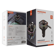 Porodo Audio Boost Bluetooth FM Transmitter Quick-Charge Car Charger with 65W PD, USB-A & USB-C Outputs, USB Flash, 80cm Retractable Type-C Cable, 87.5-107.8 FM Frequency, LED Ambient Lighting, Universal Compatibility - Dark Gray