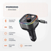 Porodo Audio Boost Bluetooth FM Transmitter Quick-Charge Car Charger with 65W PD, USB-A & USB-C Outputs, USB Flash, 80cm Retractable Type-C Cable, 87.5-107.8 FM Frequency, LED Ambient Lighting, Universal Compatibility - Dark Gray