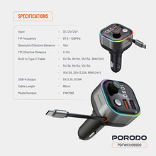 Porodo Audio Boost Bluetooth FM Transmitter Quick-Charge Car Charger with 65W PD, USB-A & USB-C Outputs, USB Flash, 80cm Retractable Type-C Cable, 87.5-107.8 FM Frequency, LED Ambient Lighting, Universal Compatibility - Dark Gray