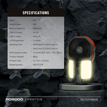Porodo Suncharge Outdoor Solar Fan with LED Lighting & Power Bank Function, 3 LED Brightness Levels, 4 Speed Settings, Foldable Hanging Hook, 150°Auto Oscillation, Up to 30 Hours Working Time, 6000mAh Battery, 5W Rated Power - Black / Orange