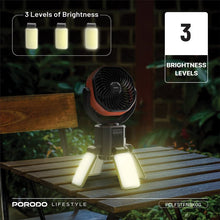 Porodo Suncharge Outdoor Solar Fan with LED Lighting & Power Bank Function, 3 LED Brightness Levels, 4 Speed Settings, Foldable Hanging Hook, 150°Auto Oscillation, Up to 30 Hours Working Time, 6000mAh Battery, 5W Rated Power - Black / Orange