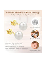 8MM Freshwater Pearl Stud Earrings for Women, Hypoallergenic 18K Gold Vermeil Earrings Studs with Genuine Round White Pearls